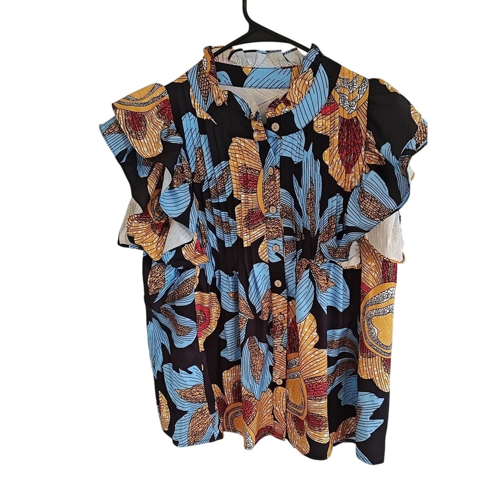Floral Ruffle Flutter Sleeve Pleated Button Up Blouse [Size M] Black Blue used
